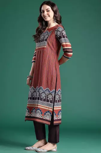 Women Striped Regular Mirror Work Pure Cotton Kurta with Trousers & With Dupatta