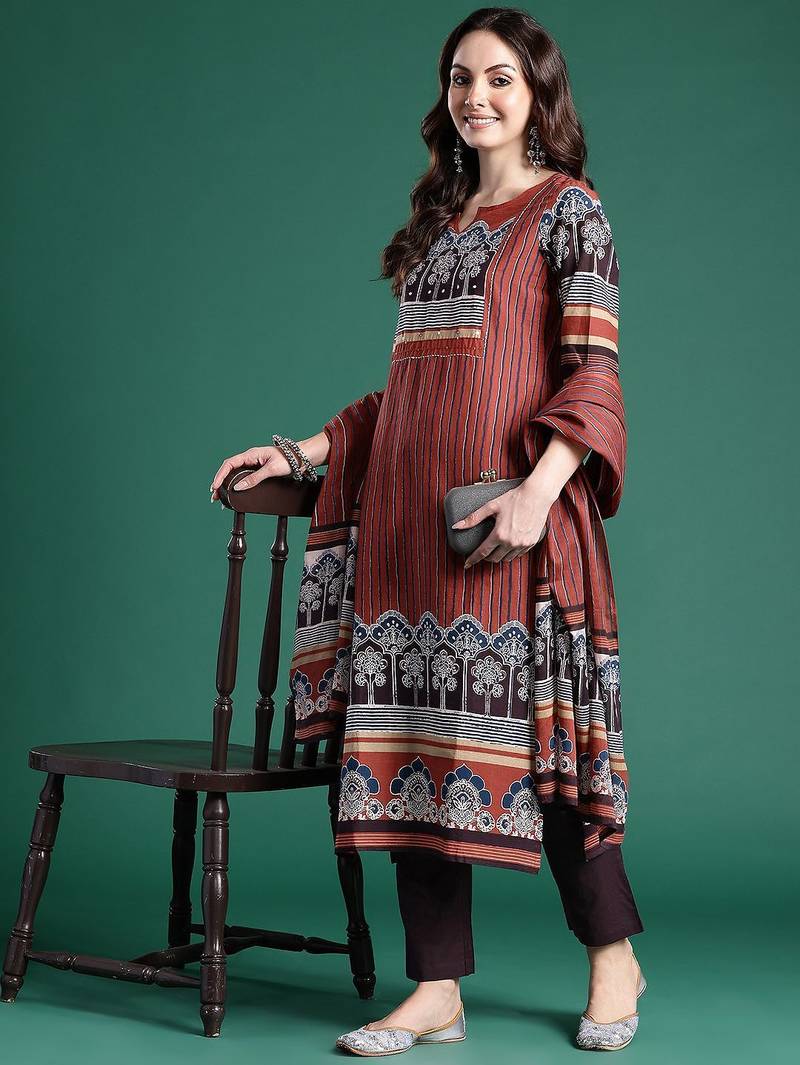 Women Striped Regular Mirror Work Pure Cotton Kurta with Trousers & With Dupatta
