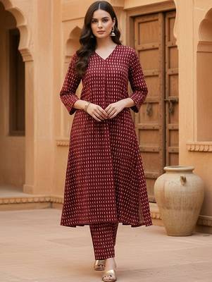 Women Printed Pleated Pure Cotton Kurta with Trousers 1