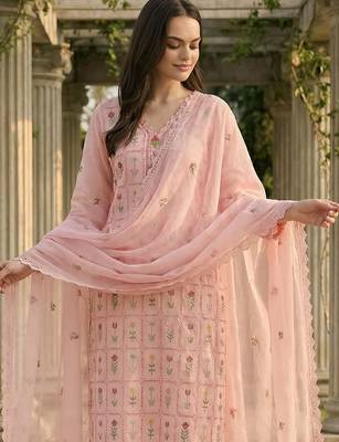 Women Floral Embroidered Regular Thread Work Pure Cotton Kurta with Trousers & With Dupatta 2
