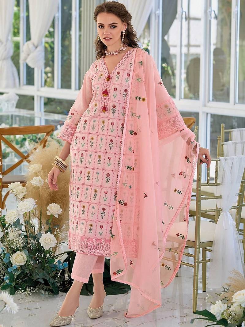 Women Floral Embroidered Regular Thread Work Pure Cotton Kurta with Trousers & With Dupatta