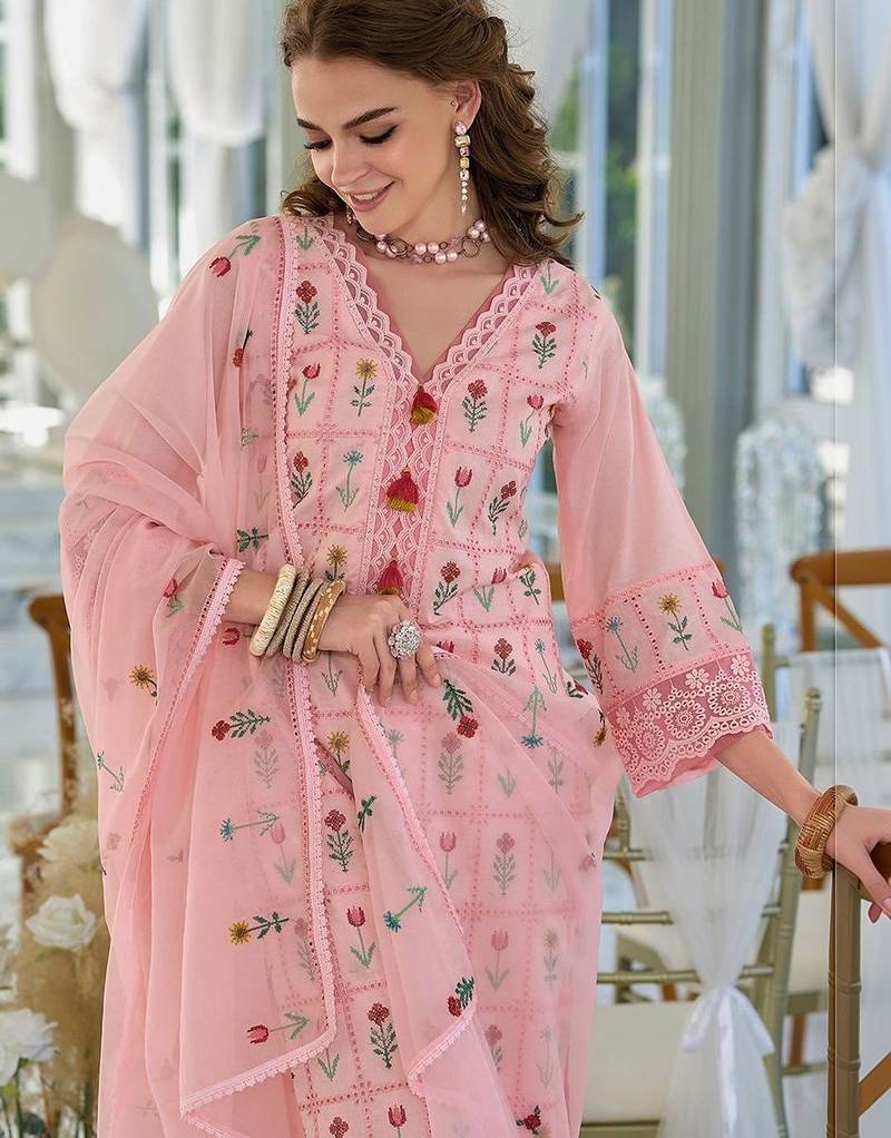Women Floral Embroidered Regular Thread Work Pure Cotton Kurta with Trousers & With Dupatta