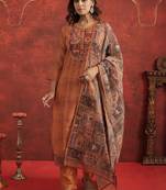 Motifs Printed Chanderi Cotton Round Neck Straight Kurta With Trousers & Dupatta