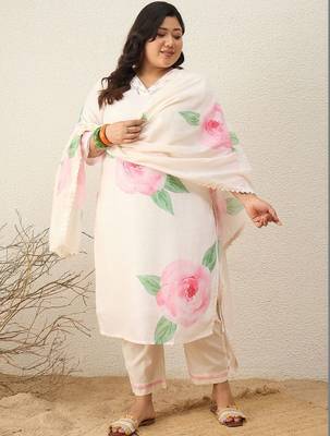 Plus Size Floral Printed Regular Kurta with Trousers & With Dupatta 6