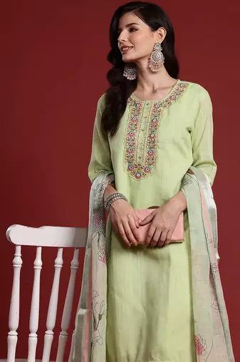 Women Floral Embroidered Regular Thread Work Pure Cotton Kurta with Trousers & With Dupatta