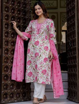 Floral Printed Square Neck Pure Cotton Straight Kurta With Trousers & Dupatta 2