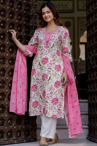 Floral Printed Square Neck Pure Cotton Straight Kurta With Trousers & Dupatta