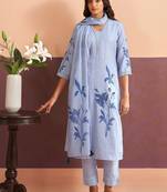 Women Floral Printed Regular Patchwork Linen Kurta with Trousers & With Dupatta