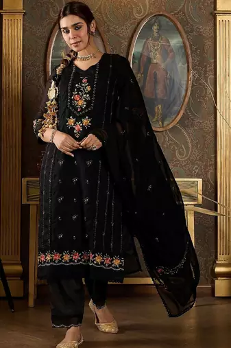 Women Floral Embroidered Regular Thread Work Kurta with Trousers & With Dupatta