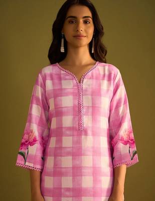 Floral Printed Sweetheart Neck Stone Work Linen Kurta With Trouser & Dupattta 2