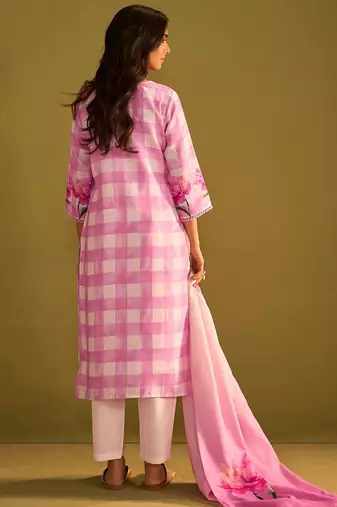 Floral Printed Sweetheart Neck Stone Work Linen Kurta With Trouser & Dupattta