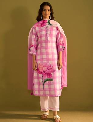 Floral Printed Sweetheart Neck Stone Work Linen Kurta With Trouser & Dupattta 4