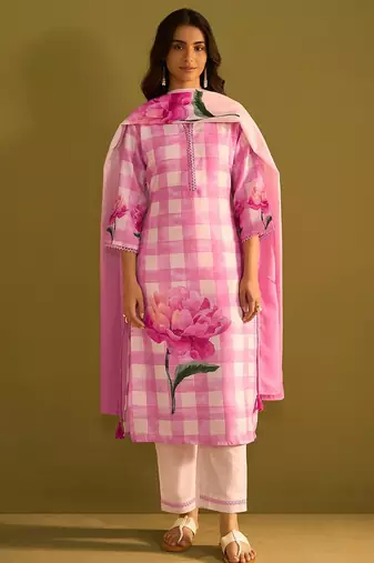 Floral Printed Sweetheart Neck Stone Work Linen Kurta With Trouser & Dupattta