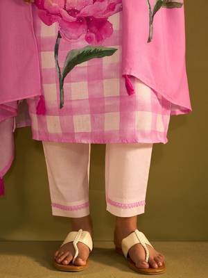 Floral Printed Sweetheart Neck Stone Work Linen Kurta With Trouser & Dupattta 7