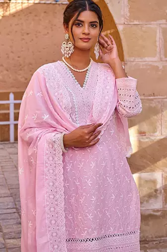 Floral Embroidered V-Neck Thread Work Pure Cotton Kurta With Trousers & Dupatta