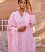 Floral Embroidered V-Neck Thread Work Pure Cotton Kurta With Trousers & Dupatta