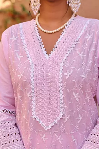 Floral Embroidered V-Neck Thread Work Pure Cotton Kurta With Trousers & Dupatta