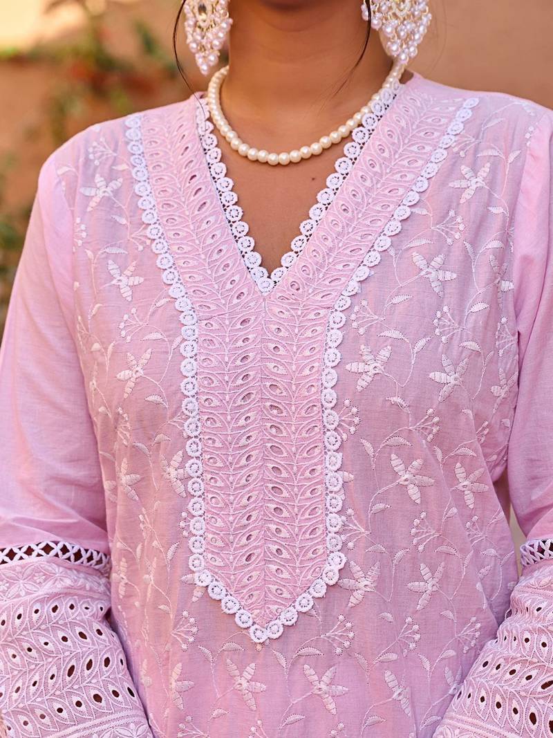 Floral Embroidered V-Neck Thread Work Pure Cotton Kurta With Trousers & Dupatta