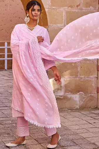 Floral Embroidered V-Neck Thread Work Pure Cotton Kurta With Trousers & Dupatta