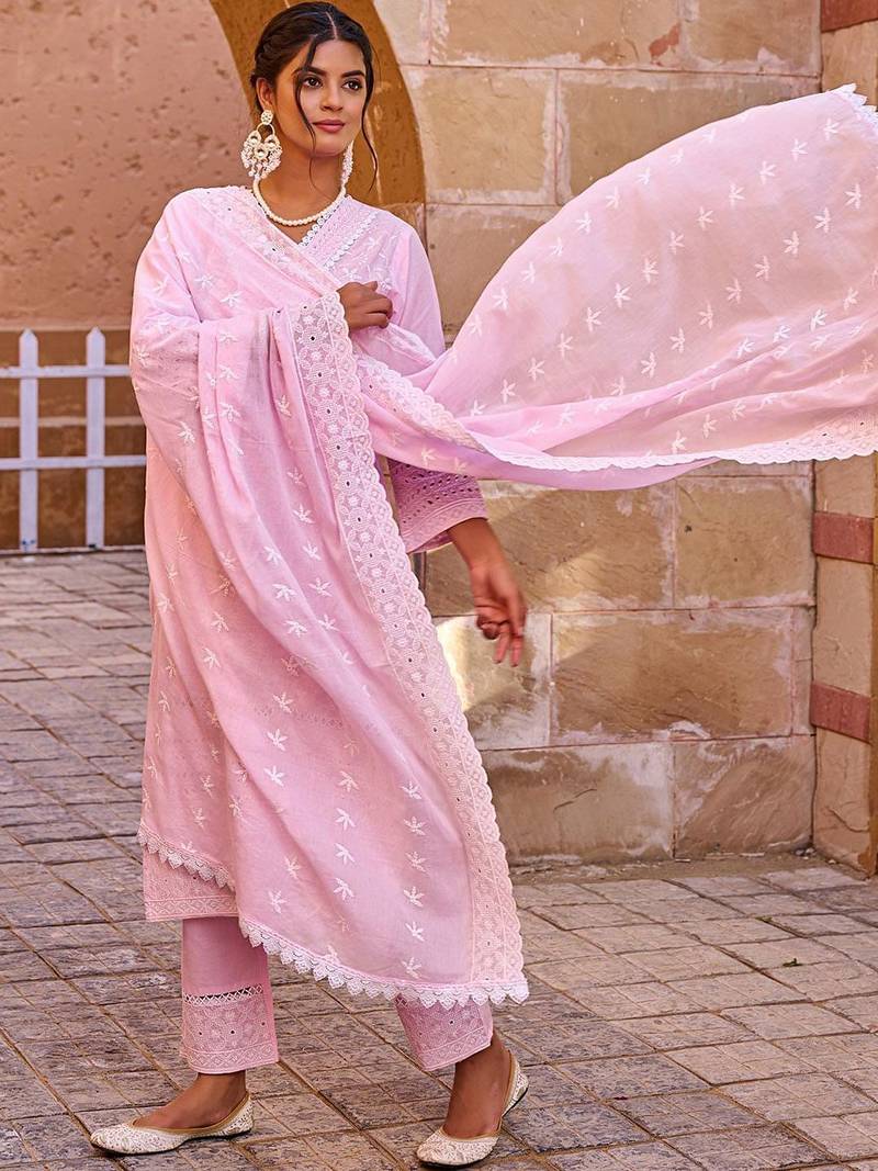 Floral Embroidered V-Neck Thread Work Pure Cotton Kurta With Trousers & Dupatta