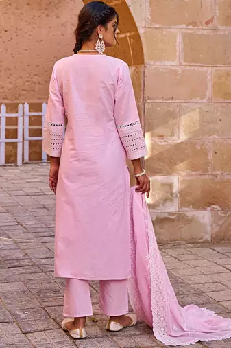 Floral Embroidered V-Neck Thread Work Pure Cotton Kurta With Trousers & Dupatta