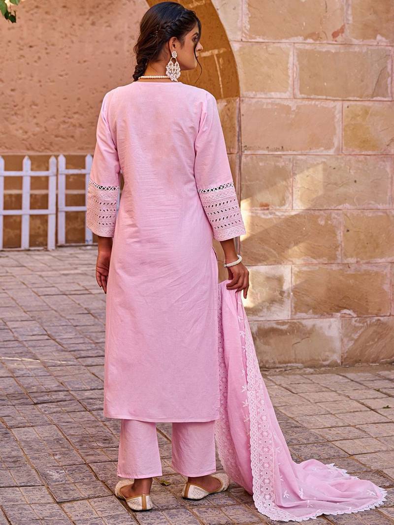 Floral Embroidered V-Neck Thread Work Pure Cotton Kurta With Trousers & Dupatta