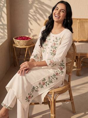 Women Floral Embroidered Regular Thread Work Pure Cotton Kurta with Trousers 1