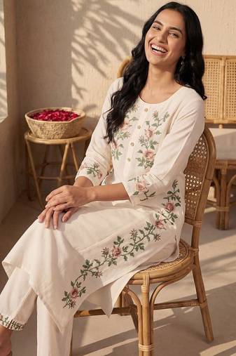 Women Floral Embroidered Regular Thread Work Pure Cotton Kurta with Trousers