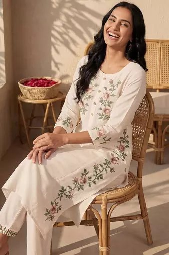 Women Floral Embroidered Regular Thread Work Pure Cotton Kurta with Trousers