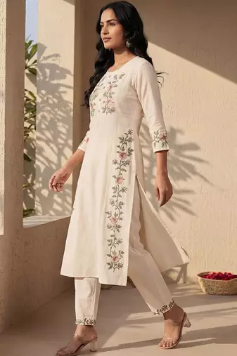 Women Floral Embroidered Regular Thread Work Pure Cotton Kurta with Trousers