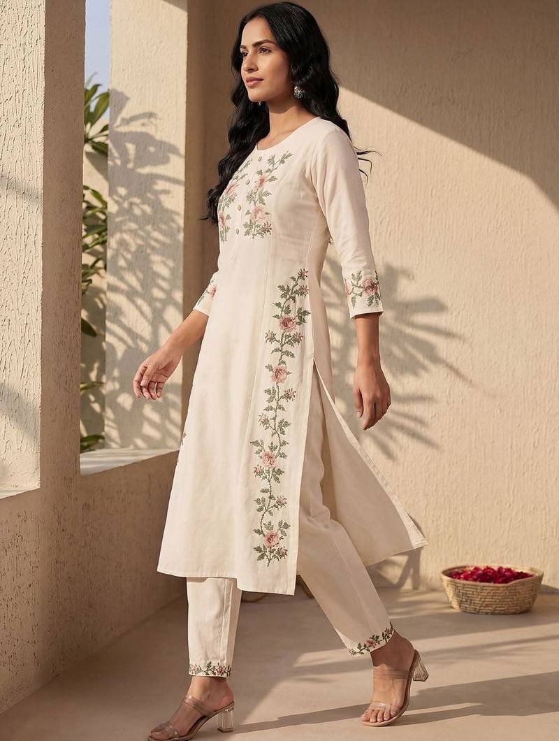 Women Floral Embroidered Regular Thread Work Pure Cotton Kurta with Trousers