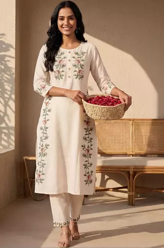 Women Floral Embroidered Regular Thread Work Pure Cotton Kurta with Trousers