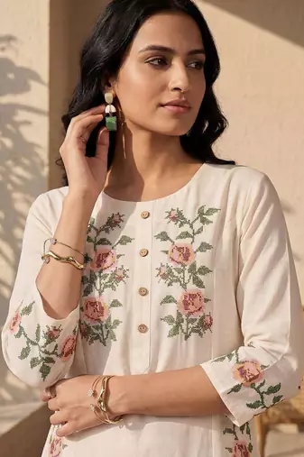 Women Floral Embroidered Regular Thread Work Pure Cotton Kurta with Trousers