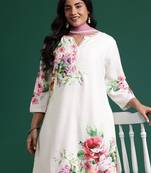 Plus Size Floral Print Beads & Stones Kurta with Trousers & Dupatta