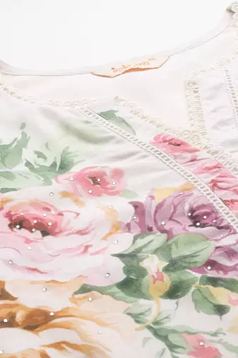 Plus Size Floral Print Beads & Stones Kurta with Trousers & Dupatta
