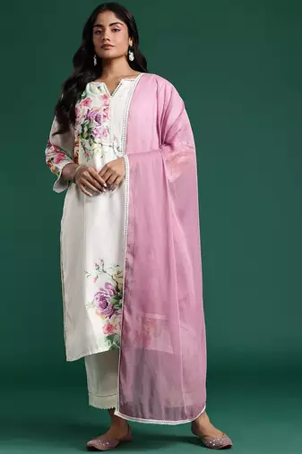 Plus Size Floral Print Beads & Stones Kurta with Trousers & Dupatta