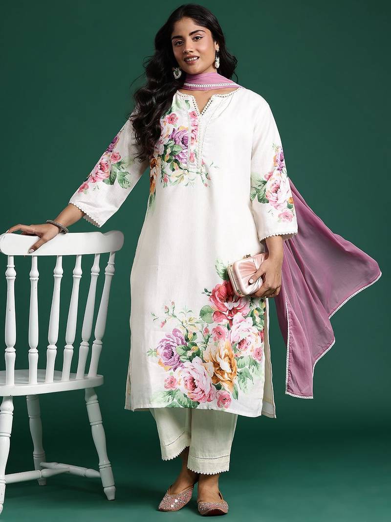 Plus Size Floral Print Beads & Stones Kurta with Trousers & Dupatta