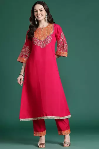 Ethnic Motifs Embroidered Regular Kurta with Trousers