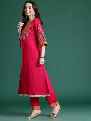 Ethnic Motifs Embroidered Regular Kurta with Trousers 4