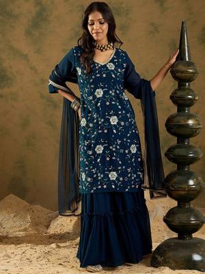 Women Floral Embroidered Regular Sequinned Kurta with Sharara & With Dupatta 1