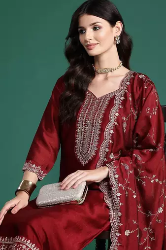 Ethnic Motifs Embroidered Sequinned Kurta with Trousers & Dupatta