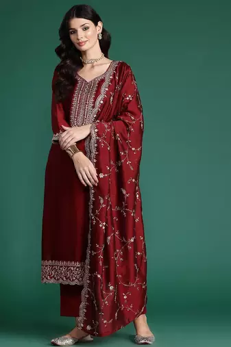 Ethnic Motifs Embroidered Sequinned Kurta with Trousers & Dupatta