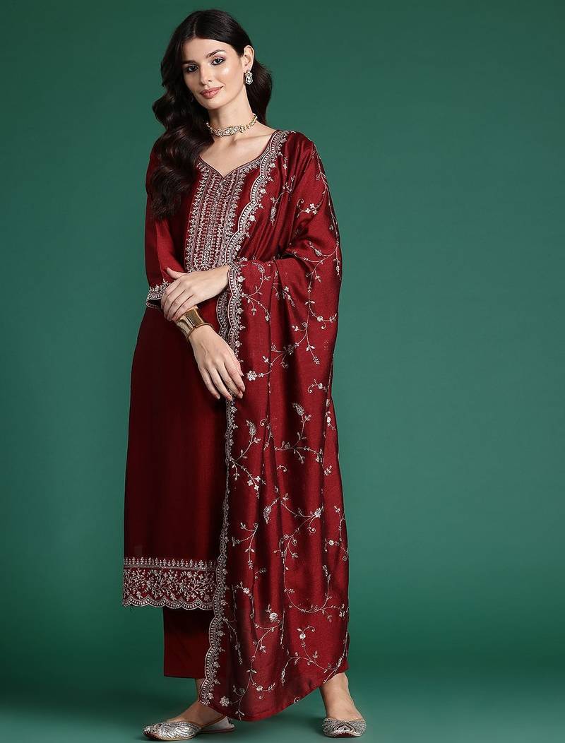 Ethnic Motifs Embroidered Sequinned Kurta with Trousers & Dupatta