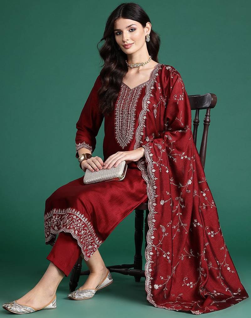 Ethnic Motifs Embroidered Sequinned Kurta with Trousers & Dupatta