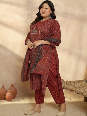Plus Size Motifs Printed Regular Pure Cotton Kurta with Trousers & With Dupatta 1