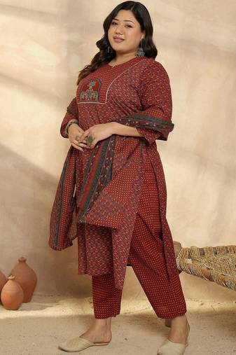 Plus Size Motifs Printed Regular Pure Cotton Kurta with Trousers & With Dupatta