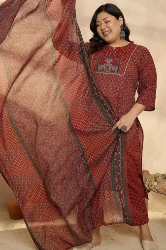 Plus Size Motifs Printed Regular Pure Cotton Kurta with Trousers & With Dupatta
