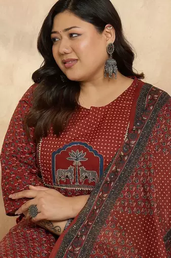 Plus Size Motifs Printed Regular Pure Cotton Kurta with Trousers & With Dupatta