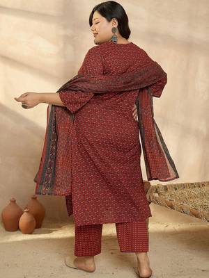Plus Size Motifs Printed Regular Pure Cotton Kurta with Trousers & With Dupatta 4