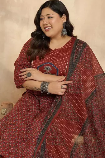 Plus Size Motifs Printed Regular Pure Cotton Kurta with Trousers & With Dupatta